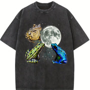 Three Frogs Retro Toads Moon Vintage Washed T-Shirt in Black