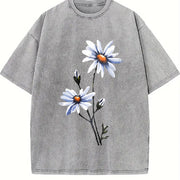 White Daisy Flowers Vintage Washed T-Shirt in Gray