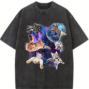 Cats Floating in Galaxy 90s Vintage Washed T-Shirt in Black