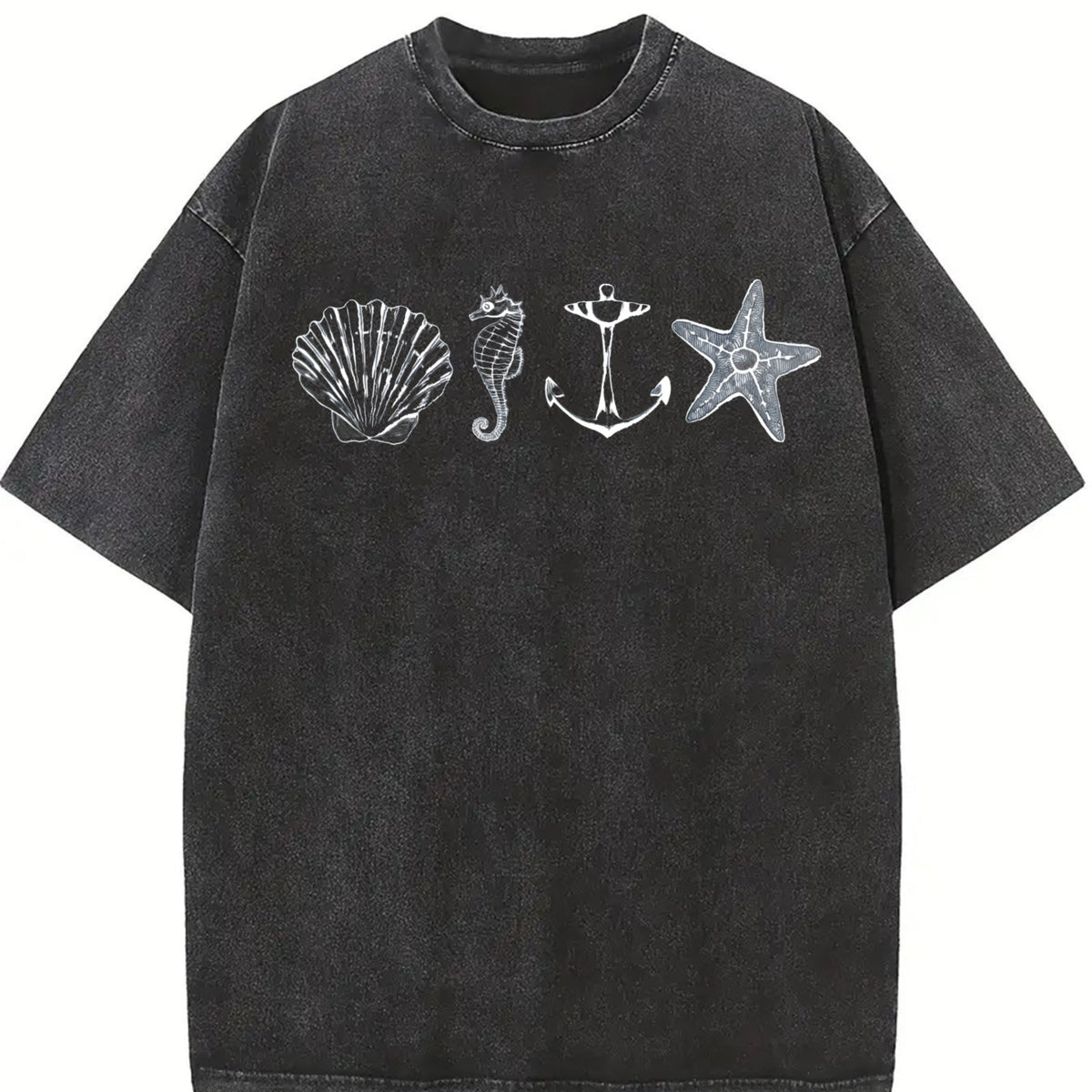 Ocean Sail ® 90s Retro Sea Shell Bech Vintage Washed T-Shirt in Black