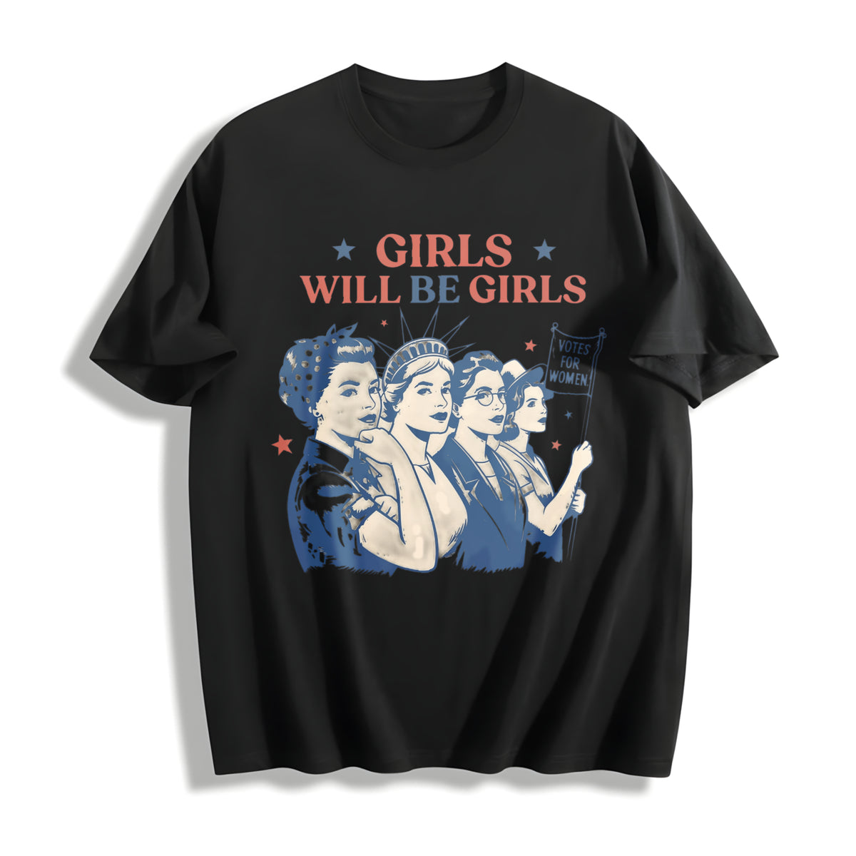 Girls Will Be Girls: Patriotic Feminist 4th of July Cotton T-Shirt in Black