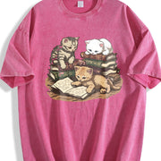 Kittens Reading Books Vintage Washed T-Shirt in Red