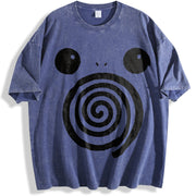 Spiral Big Eyes Cartoon Art - Wash Retro vintage washed oversized T-shirt in Blue