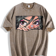 Anime Girl Peeking Eyes Sleeveless Vest Y2K Sleeveless Vintage Washed T-Shirt in Brown