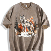 Winter: Gray Wolf in a Forest Snowscape Vintage Washed T-Shirt in Brown