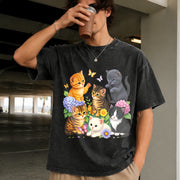 Retro Kitten 90s Cute Cats Pullover Vintage Washed T-Shirt in Black