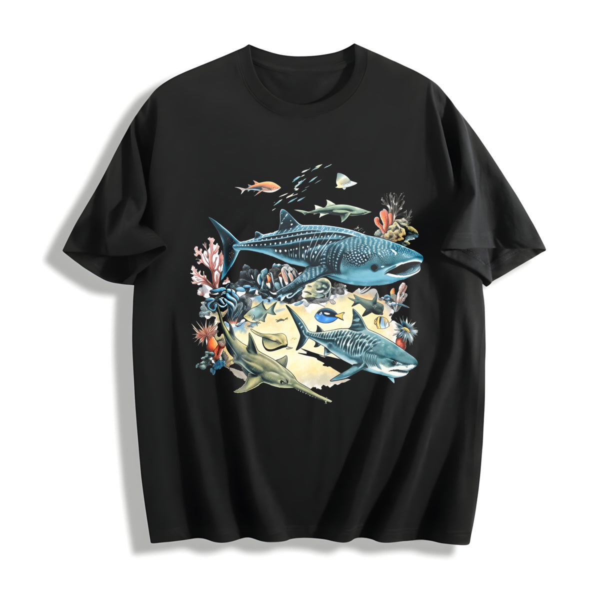 Marine Biology Ocean Sharks Illustration Boxy Cotton T-Shirt in Black