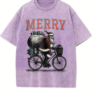 Retro Merry Santa Riding Bike 90s Vintage Washed T-Shirt in Purple
