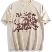 Hell Cat Cowgirl Riding Tiger Vintage Washed T-Shirt in Beige