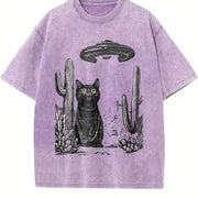 Retro UFO Desert Cat 90s Vintage Washed T-Shirt in Purple