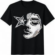 Metallic Star Face Cotton T-Shirt in Black
