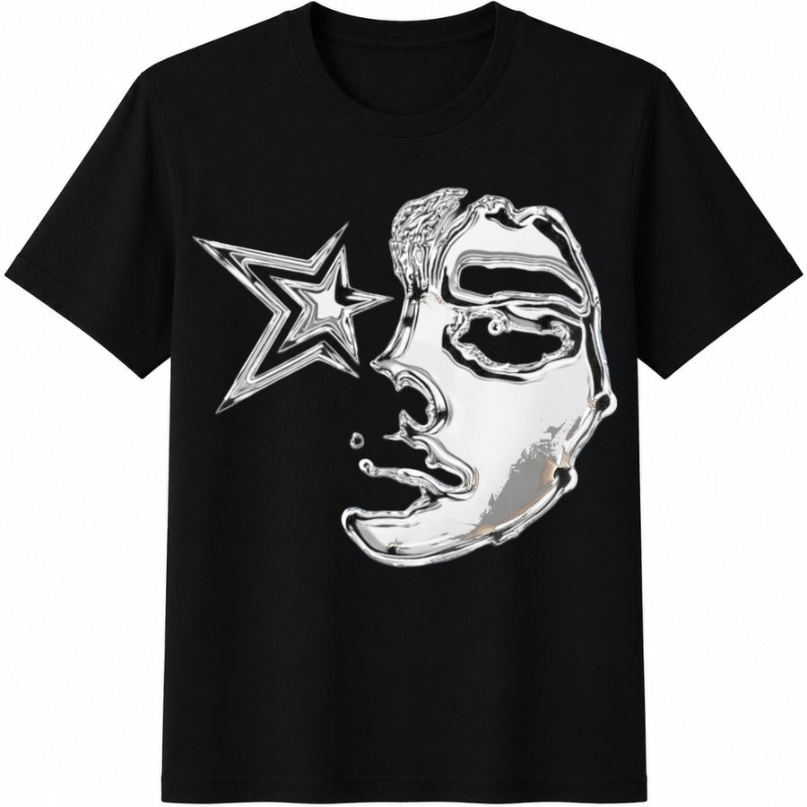 Metallic Star Face Cotton T-Shirt in Black