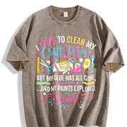 Craft Chaos Queen Glue & Paint Explosion Slogan Vintage Washed T-Shirt in Brown