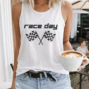 Race Day Letters & Cartoon Flags Vest Women's Color Cotton Tank Top in White