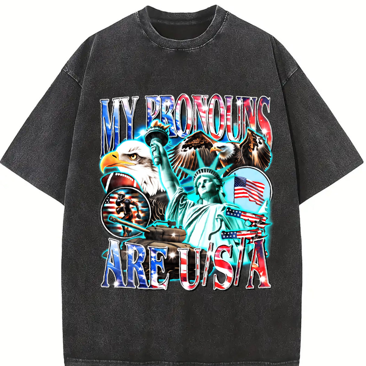 My Pronouns Are USA Retro Vintage Washed T-Shirt in Black