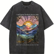 Heavy - with Front & Back Geometric Soft Breathable vintage washed oversized T-shirt in Black