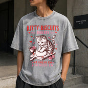 Valentines Cat Kitty Biscuits Bakery Vday Cat Lover Vintage Washed T-Shirt in Gray