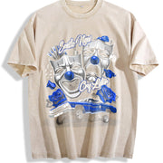 Short-sleeve Blue Smile Now Cry Later Silk Screen Vintage Washed T-Shirt in Beige