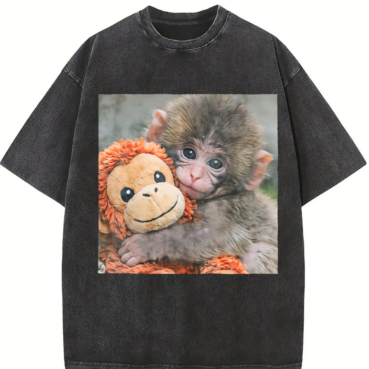 Cat with Monkey Plush Vintage Washed T-Shirt in Black