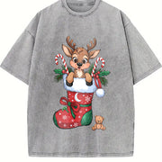 Christmas Reindeer and Candy Cane Vintage Washed T-Shirt in Gray