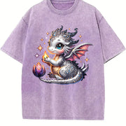 Silvery-gray Little Dragon with Exquisite Vintage Washed T-Shirt in Purple