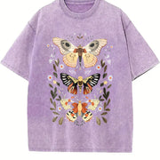 Retro-revival for Weekend Warriors Hand-drawn Moth On Vintage Washed T-Shirt in Purple