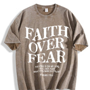 Retro 230 Pure 'FAITH OVER FEAR' Letter Fashionable vintage washed oversized T-shirt in Brown