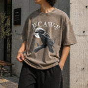 Black Crow F-caw-f Black Bird Moon Gothic Adult Humor Vintage Washed T-Shirt in Brown