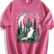 Bohemian Night Fox & Pine Forest Vintage Washed T-Shirt in Red