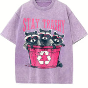 Stay Trashy Black with Pink Raccoon & Bin Vintage Washed T-Shirt in Purple