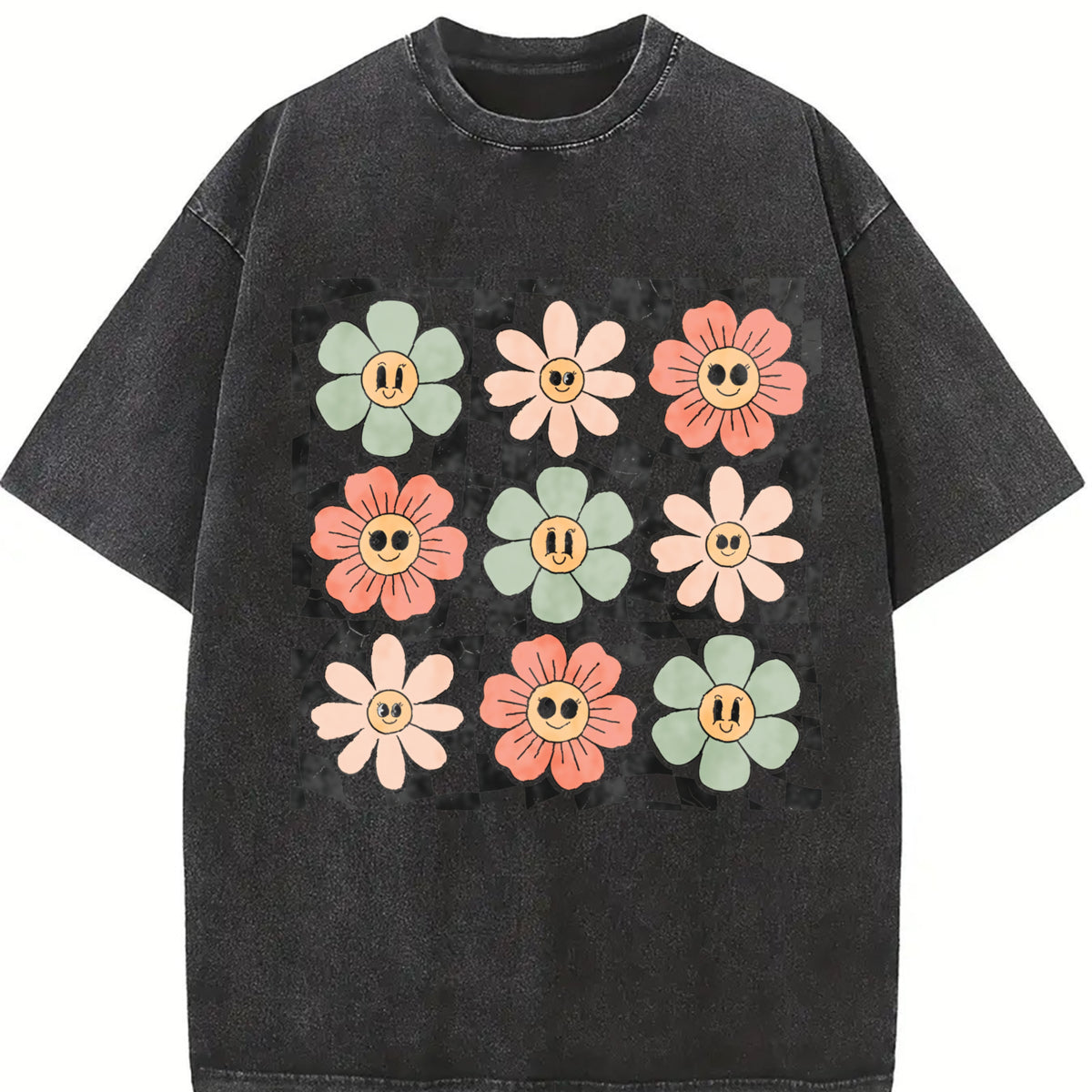 Retro Checkered Flower Vintage Washed T-Shirt in Black