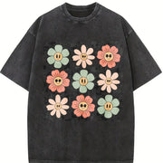 Retro Checkered Flower Vintage Washed T-Shirt in Black