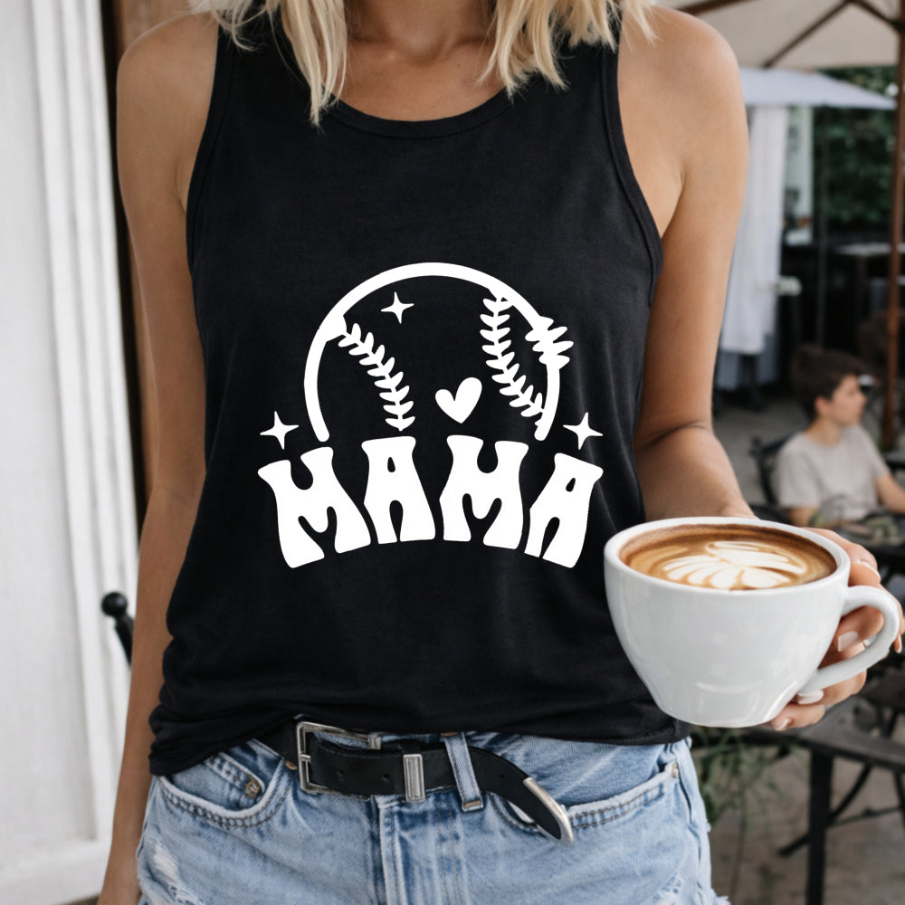 Baseball Mama Heart Stars Stitch Crew-neck Sleeveless Vest Women's Color Cotton Tank Top in Black