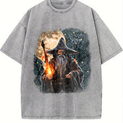 Fantasy Wizard Retro Wizard Moon Spell Vintage Washed T-Shirt in Gray
