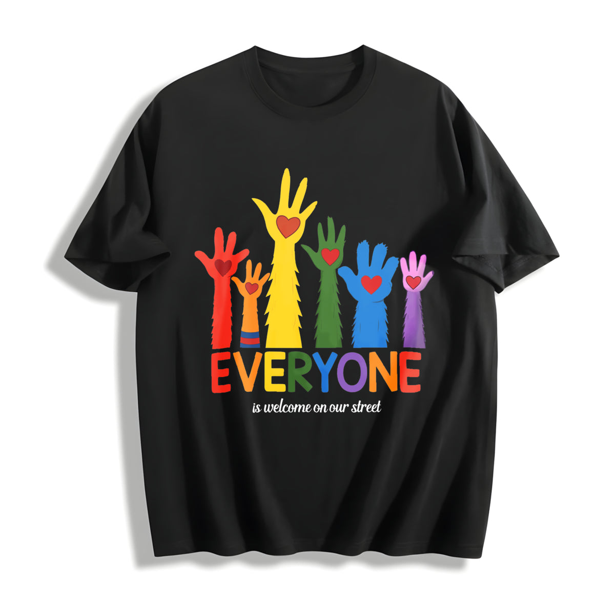 Everyone Is Welcome on Our Street Cotton T-Shirt in Black