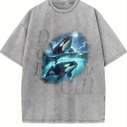 Two Orca Moon Ocean Mystical Orca Vintage Washed T-Shirt in Gray