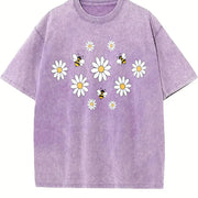 Daisy 90s Retro ® Y2k Botanical Bee Vintage Washed T-Shirt in Purple