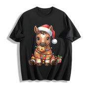 New Year Winter Year of the Horse Cartoon Pony Cotton T-Shirt in Black