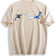 Marine Life Embroidered Vintage Washed T-Shirt in Beige