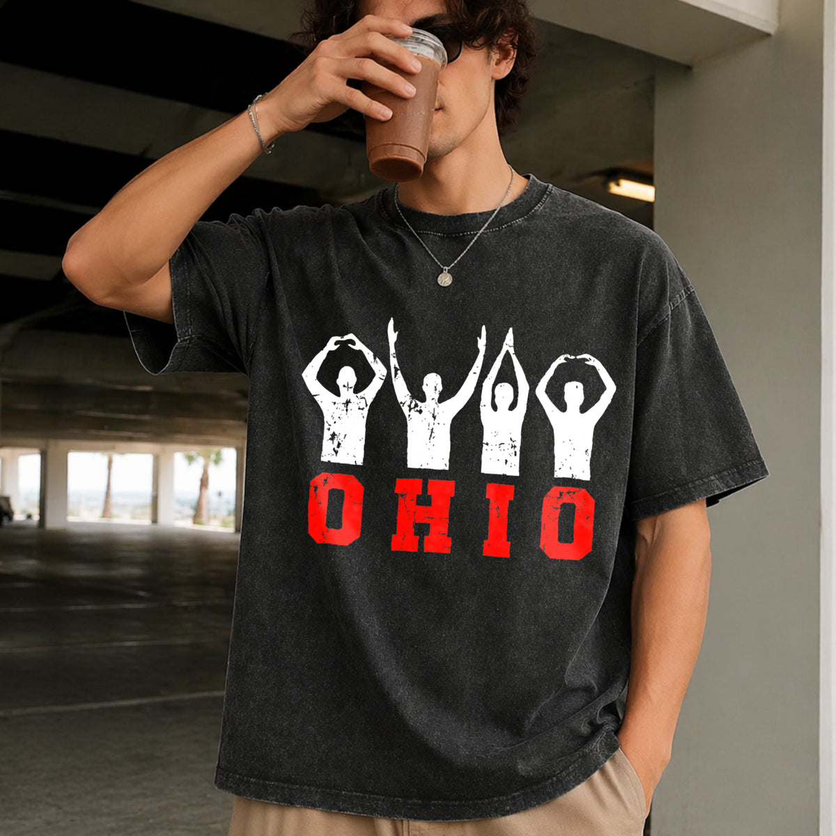 Ohio State Pride Ohioan with Bold Red Letters Vintage Washed T-Shirt in Black