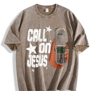 Call on Jesus Flip Phone White Retro Religious Vintage Washed T-Shirt in Brown