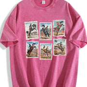 Rodeo Bucking Horse Western Cowboy Rodeo Stamp vintage washed oversized T-shirt in Red