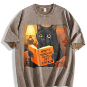 Cat Reading Book Vintage Washed T-Shirt in Brown