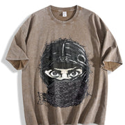 Masked Character N Letter Sleeveless Tank Vintage Washed T-Shirt in Brown