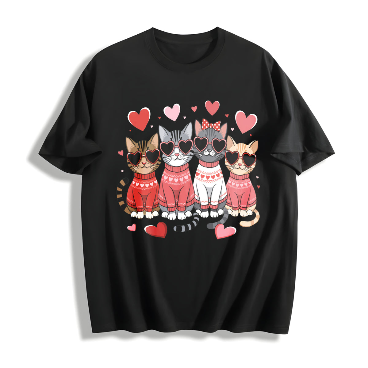 Valentine's Day: Winter a Cat with Heart-shaped Glasses Cotton T-Shirt in Black