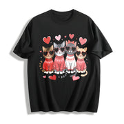 Valentine's Day: Winter a Cat with Heart-shaped Glasses Cotton T-Shirt in Black