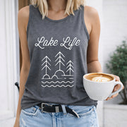Lake Life Trees Water Sun Crew-neck Sleeveless Vest Women's Color Cotton Tank Top in Gray