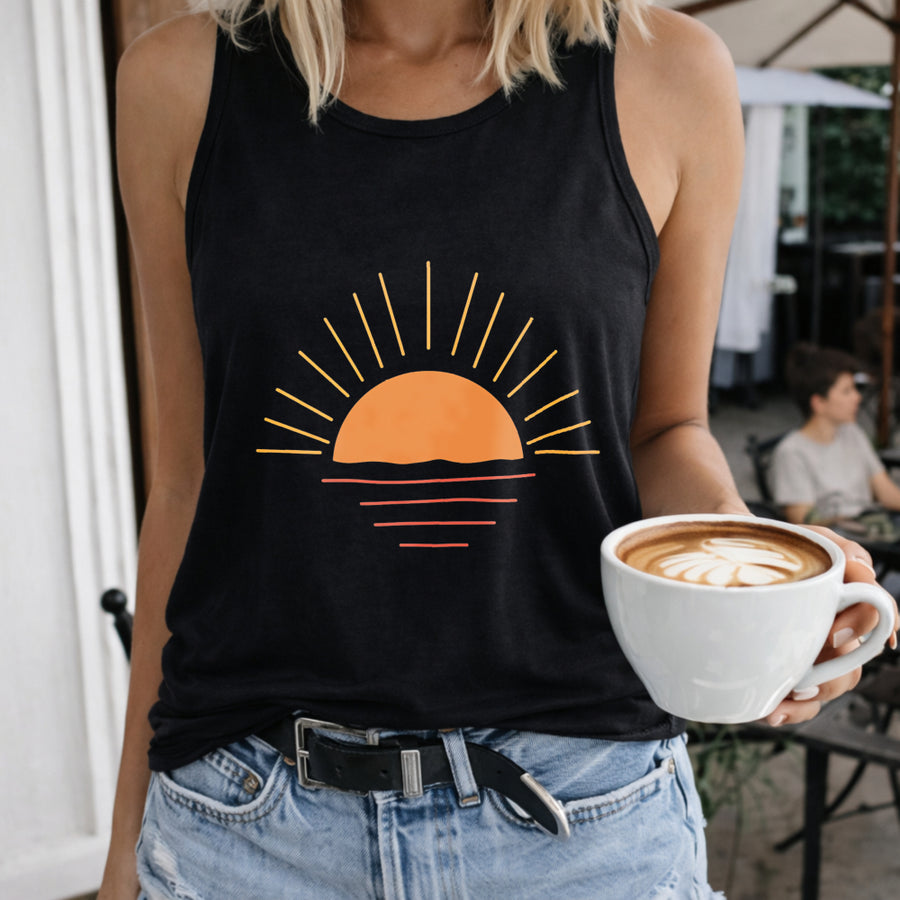 Sunset Horizon Lines and Rays Women's Color Cotton Tank Top in Black
