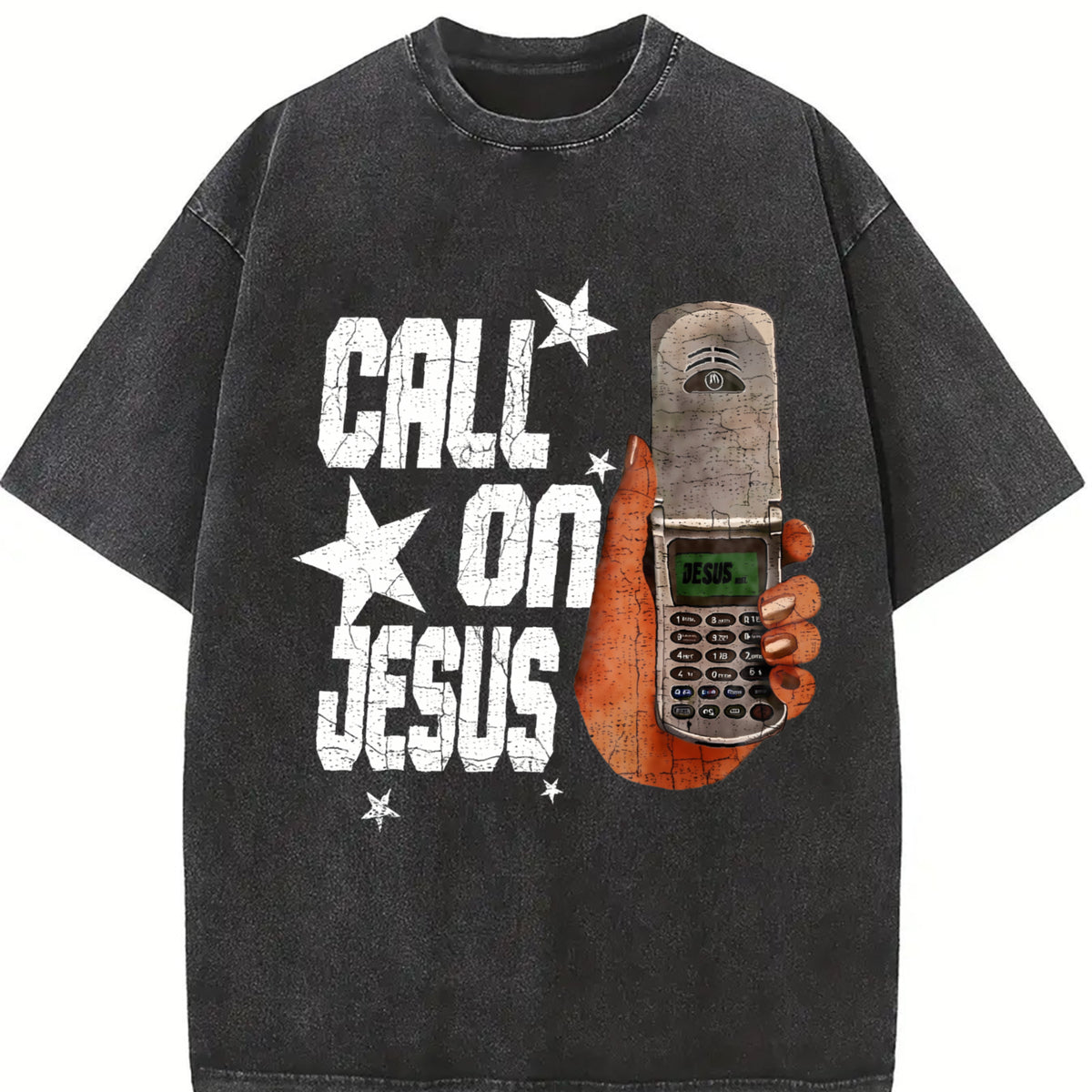 Call on Jesus Flip Phone White Retro Religious Vintage Washed T-Shirt in Black