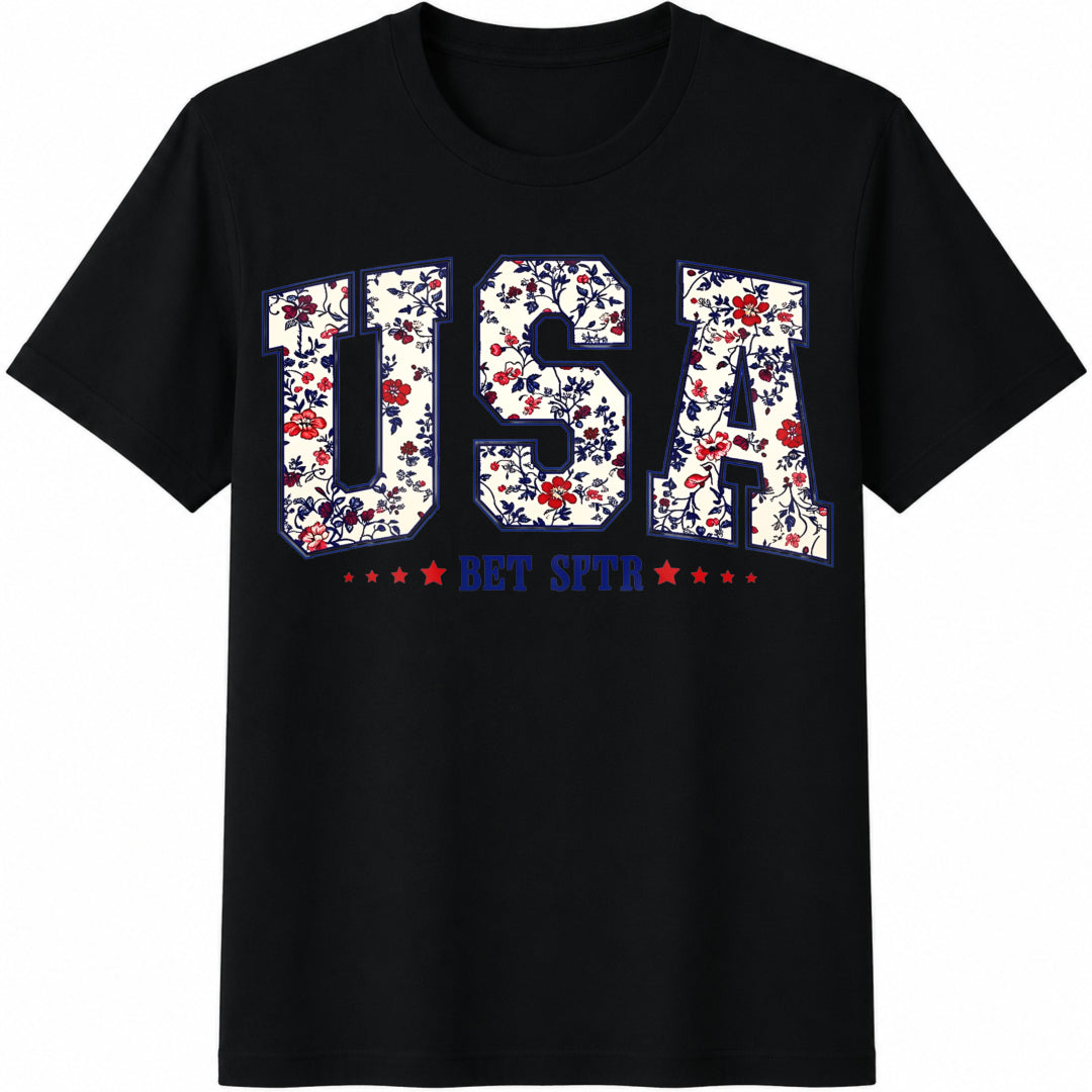 USA Floral Letters Cotton T-Shirt in Black
